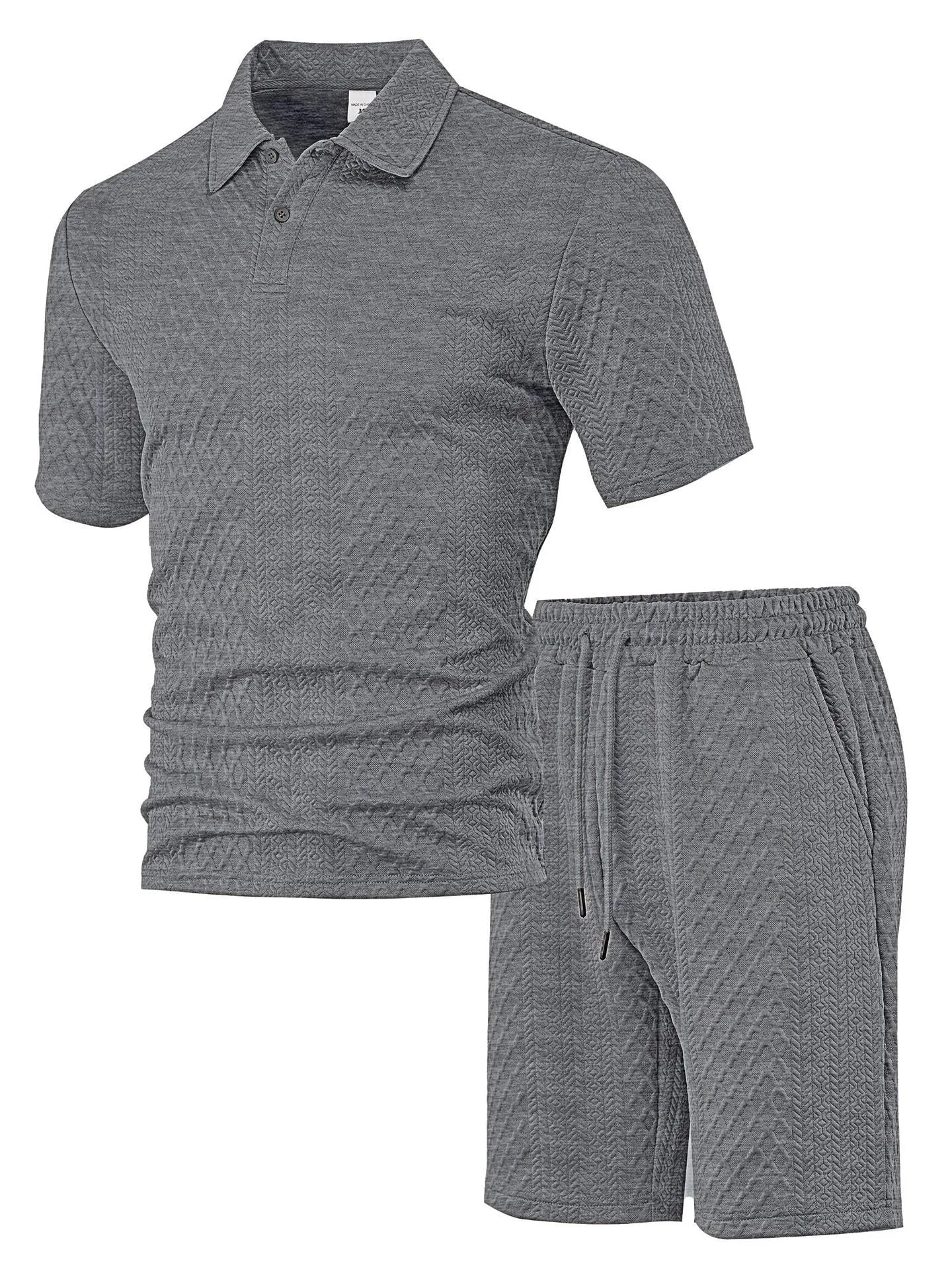 Men's patterned polyester casual short sleeve suit in multiple colours with polo shirt and trousers