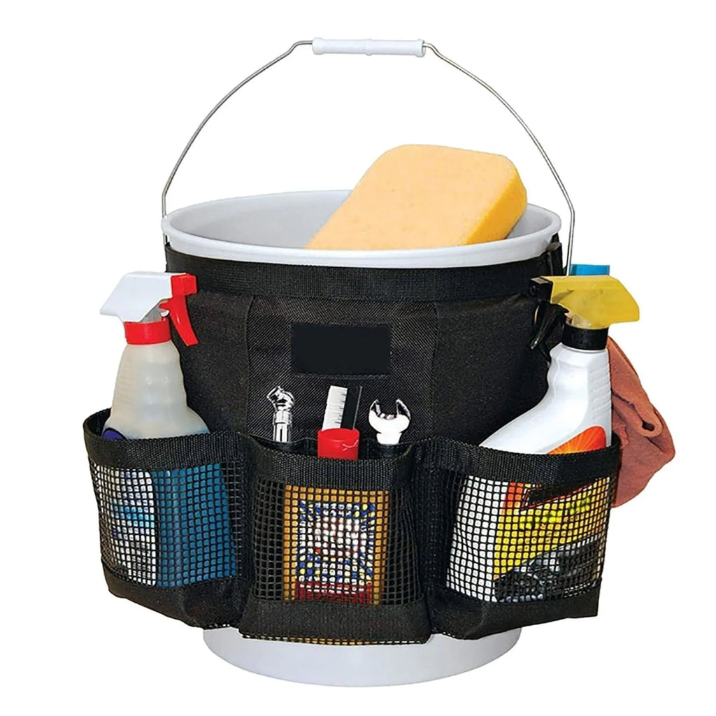 Black cylindrical hanging storage bag designed for 5 gallon barrels with car washing tools
