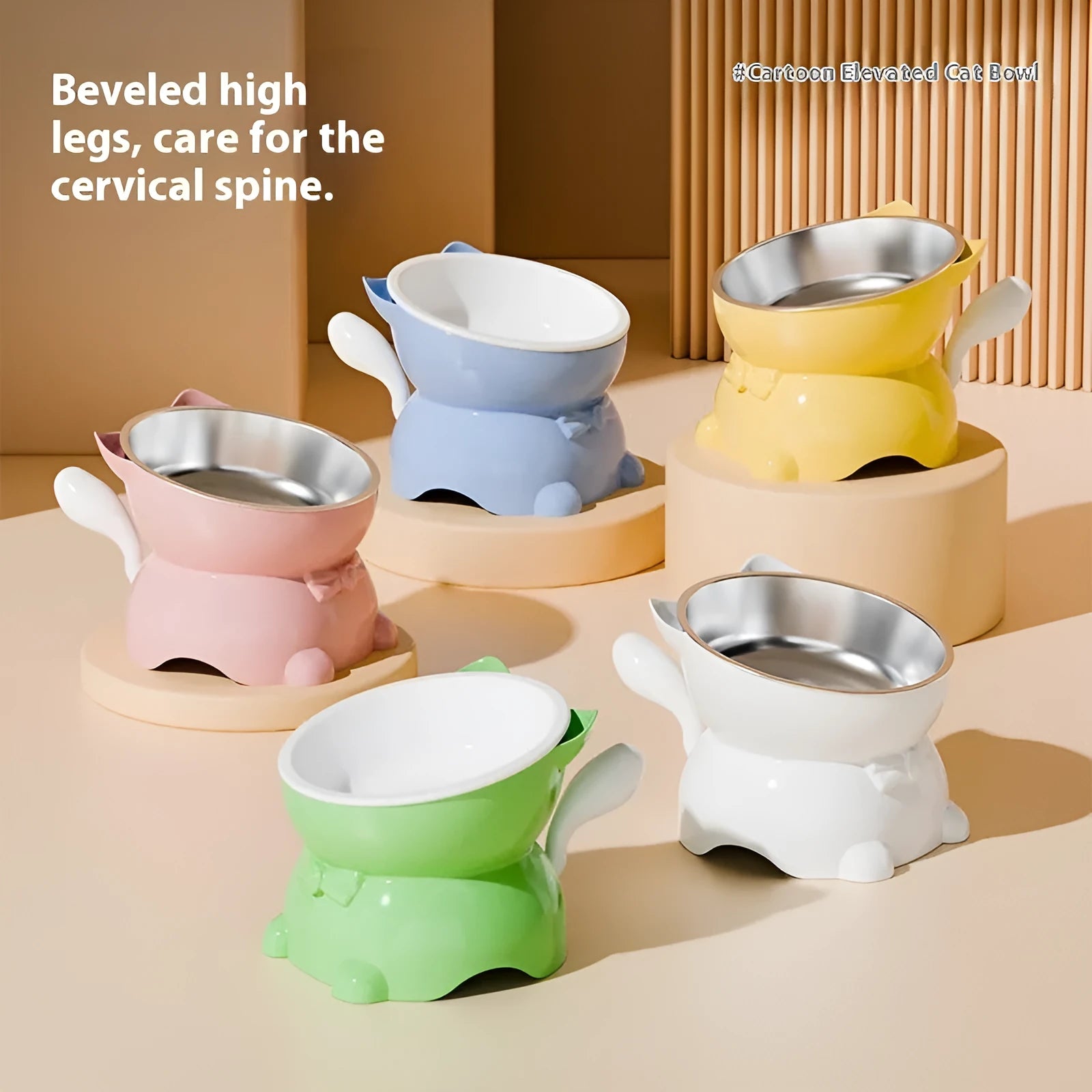 Stainless steel tilted anti-fall cat bowl in black, blue, pink, and yellow colour options.