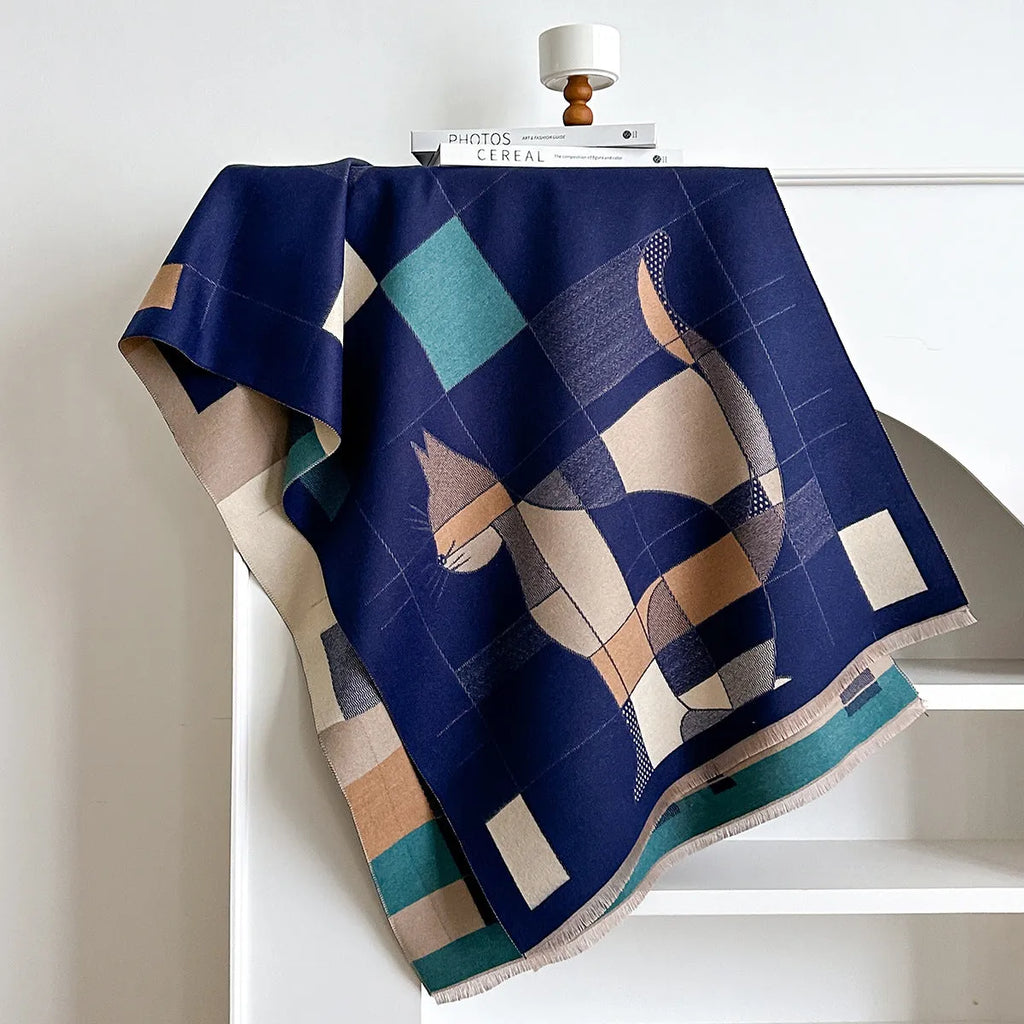Long beige imitation cashmere scarf draped to show its 185cm length and texture.