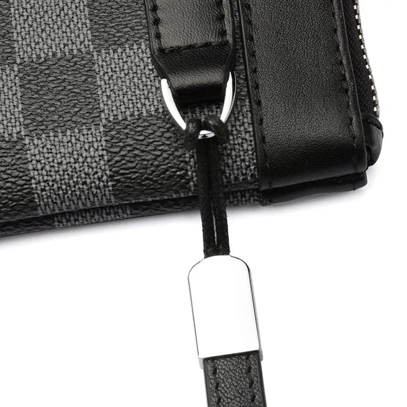 Black men's leather clutch wallet showing cowhide texture and 20cm x 10cm dimensions