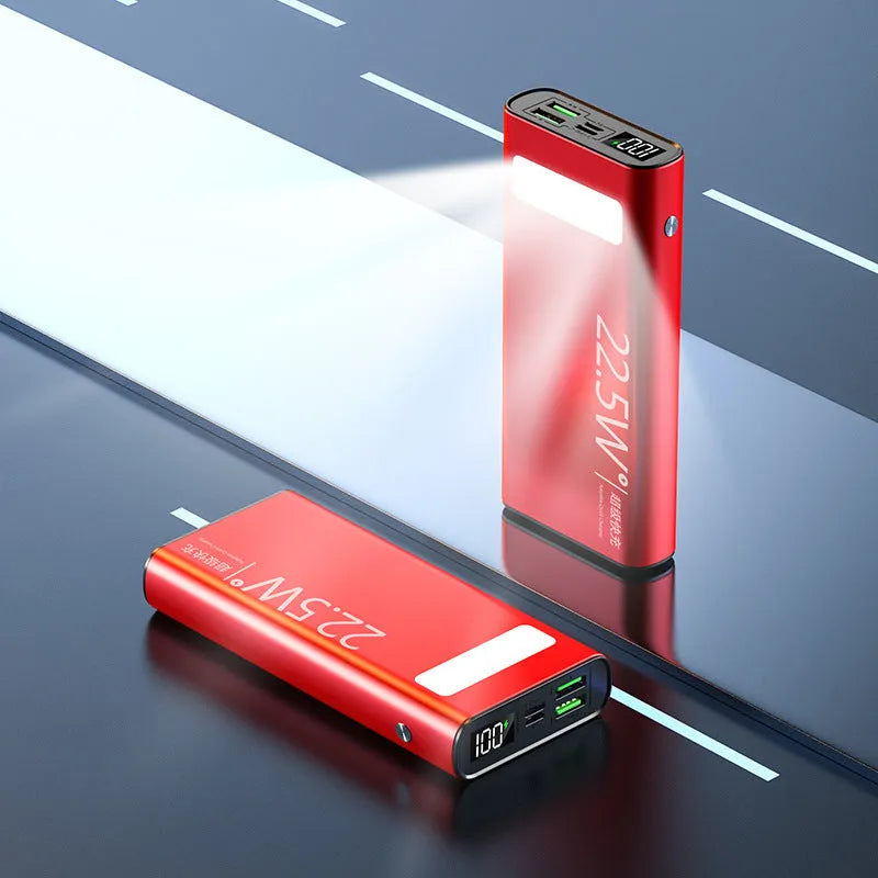 Alloy shell power bank with LCD display in black, blue, green, or red, showing 22.5W super fast charging.