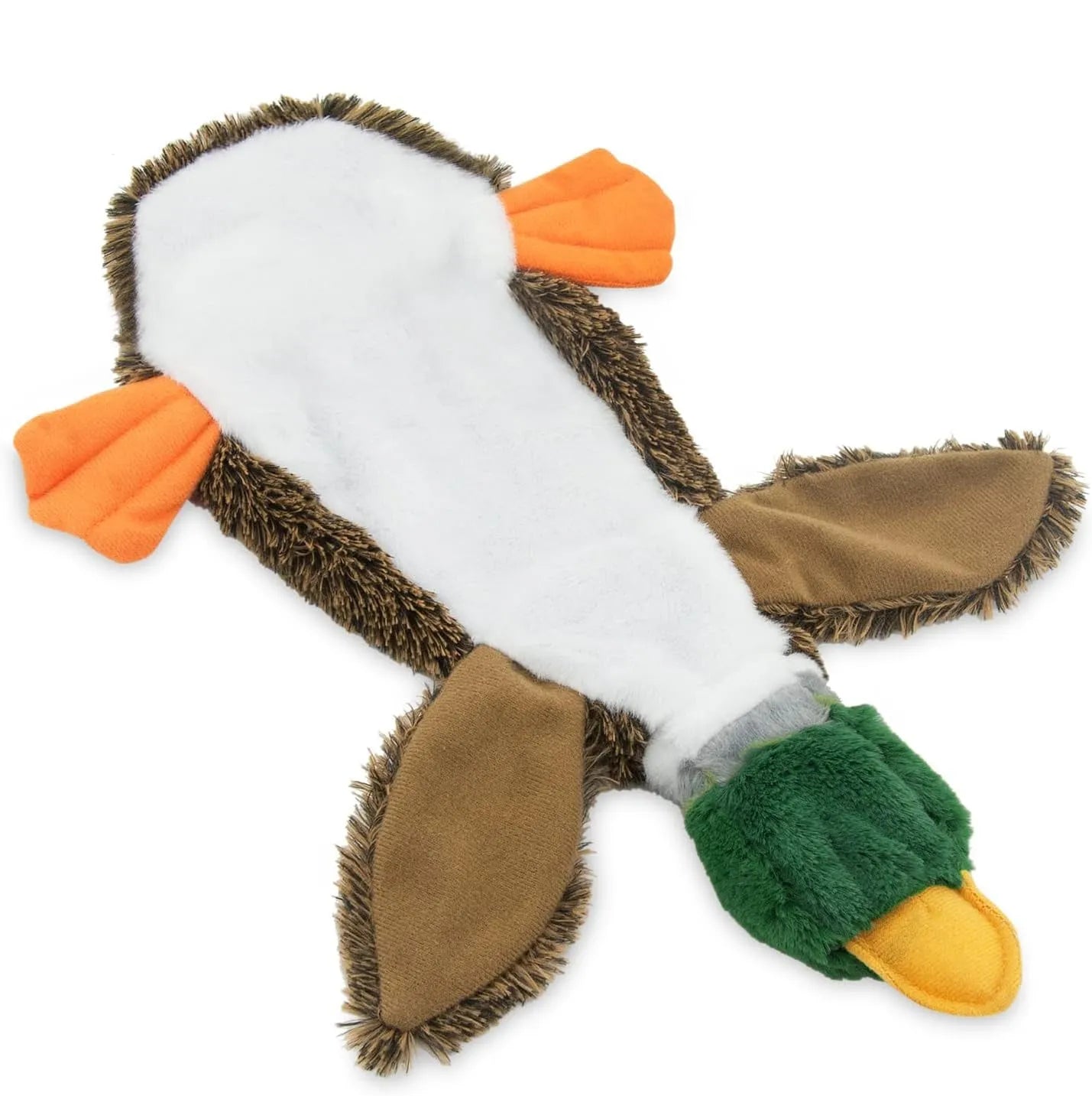 Green 1Wild Duck stuffless dog toy with squeakers and a bottom opening for a bottle.