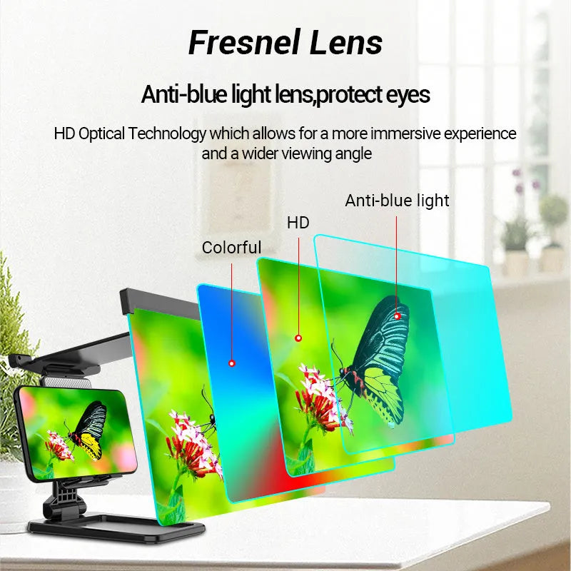Black folding mobile phone screen magnifier with detachable holder on a desk