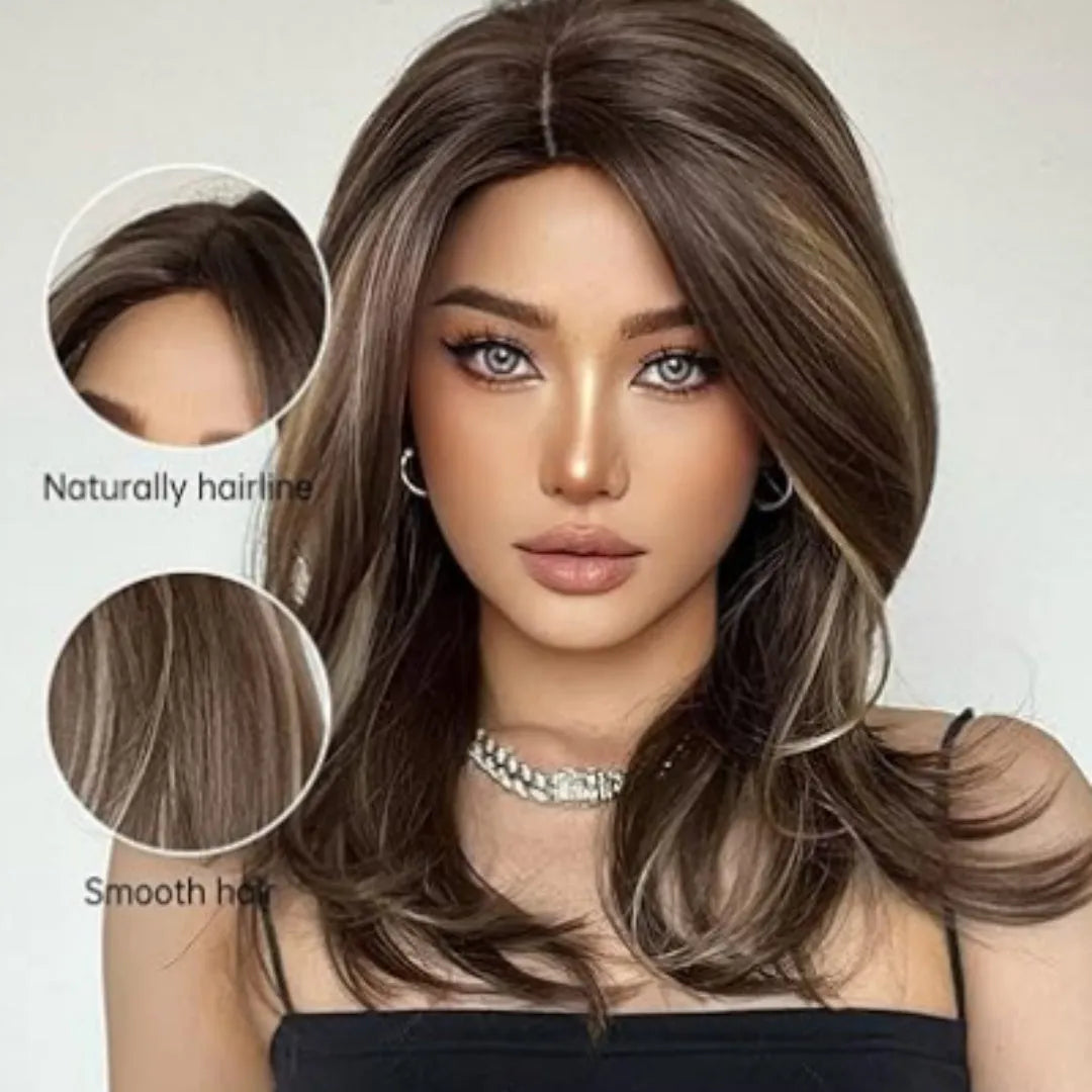 Mid-length curly synthetic wig with bangs in a wine red, brown, and white gold gradient colour.