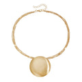 Gold electroplated alloy vintage geometric round pendant necklace with love heart motif on clavicle chain