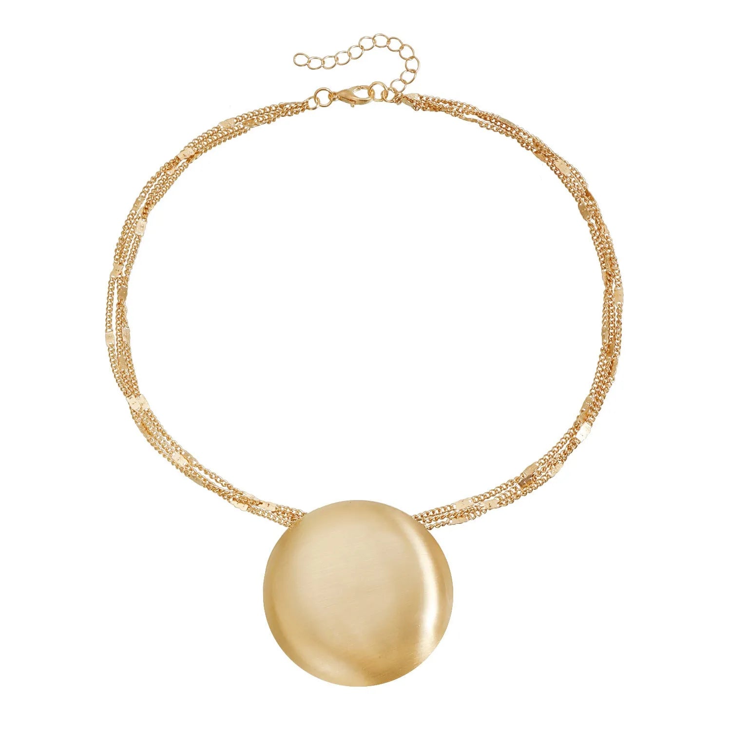 Gold electroplated alloy vintage geometric round pendant necklace with love heart motif on clavicle chain