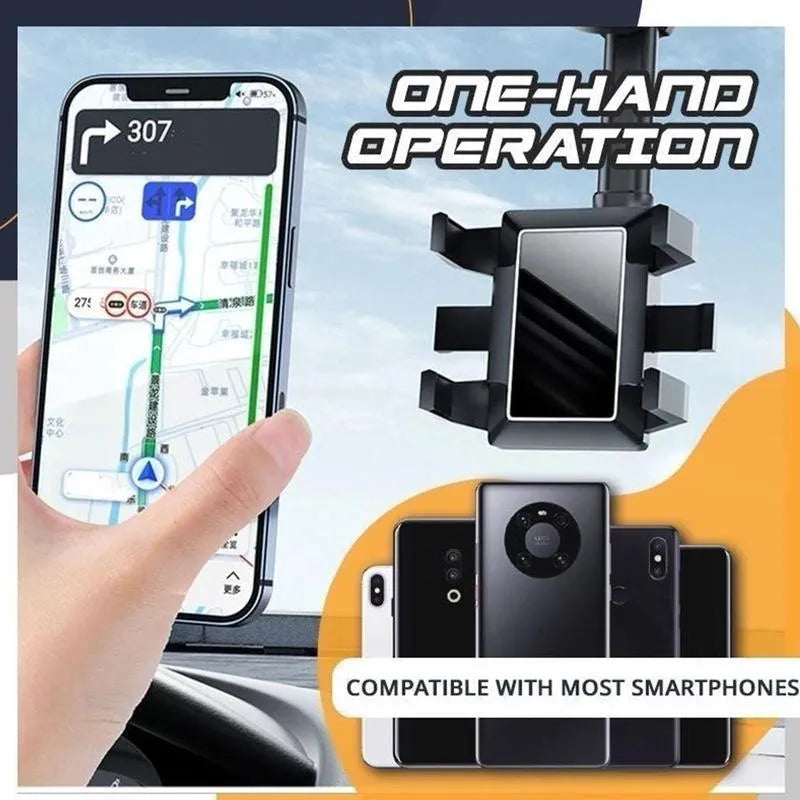 Black rearview mirror phone holder with telescopic arm and 360-degree rotation mechanism