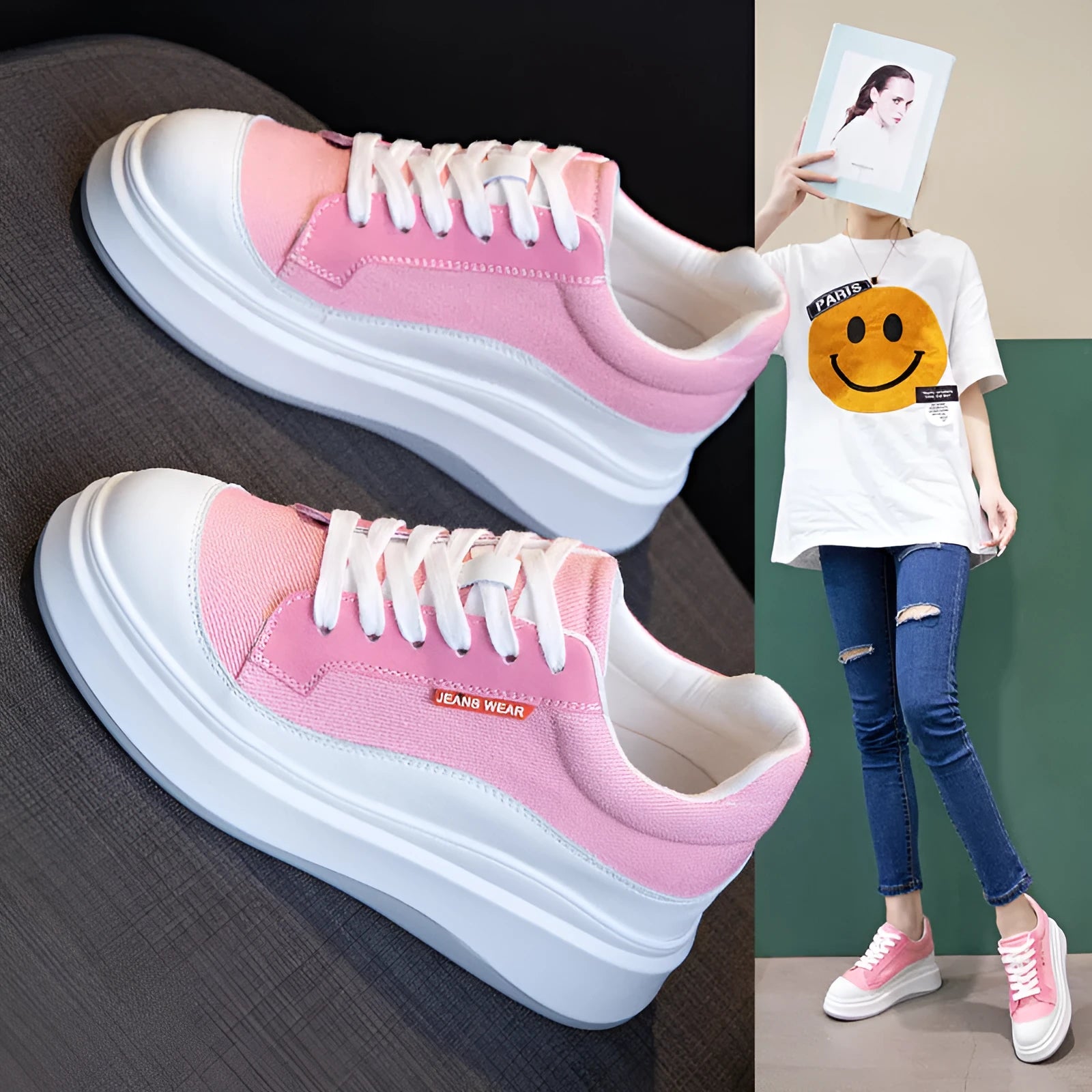 Women's pink leather platform shoes with thick soles for height increase