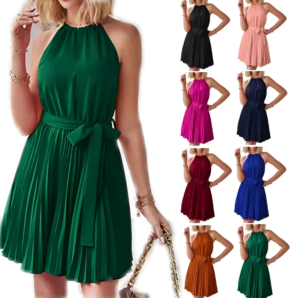 Women's black halter-neck strapless chiffon dress with pleated midi skirt and adjustable waist belt