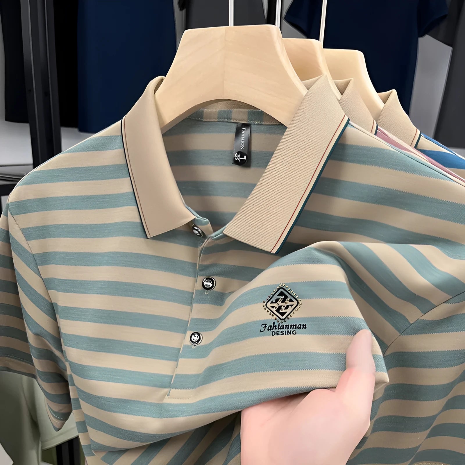 Striped casual men's shirt with mosaic pattern in polyester, available in red, blue, and green colours