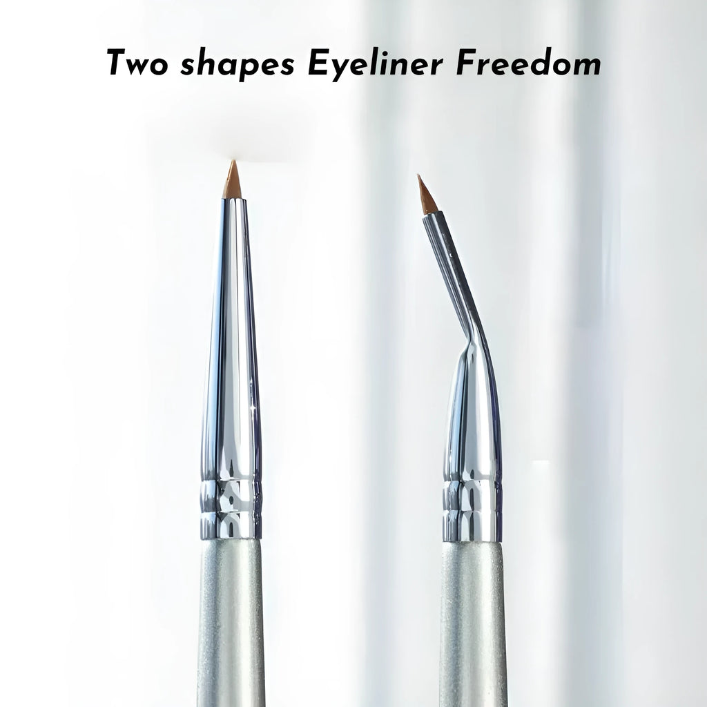 Angle view of a bend head fine tip eyeliner brush for under eye and tear trough makeup application.