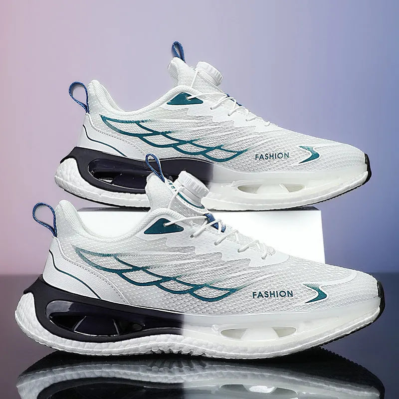 Men's low-top sneakers with a rotating button fastening, shown in light blue mesh and black leather options.
