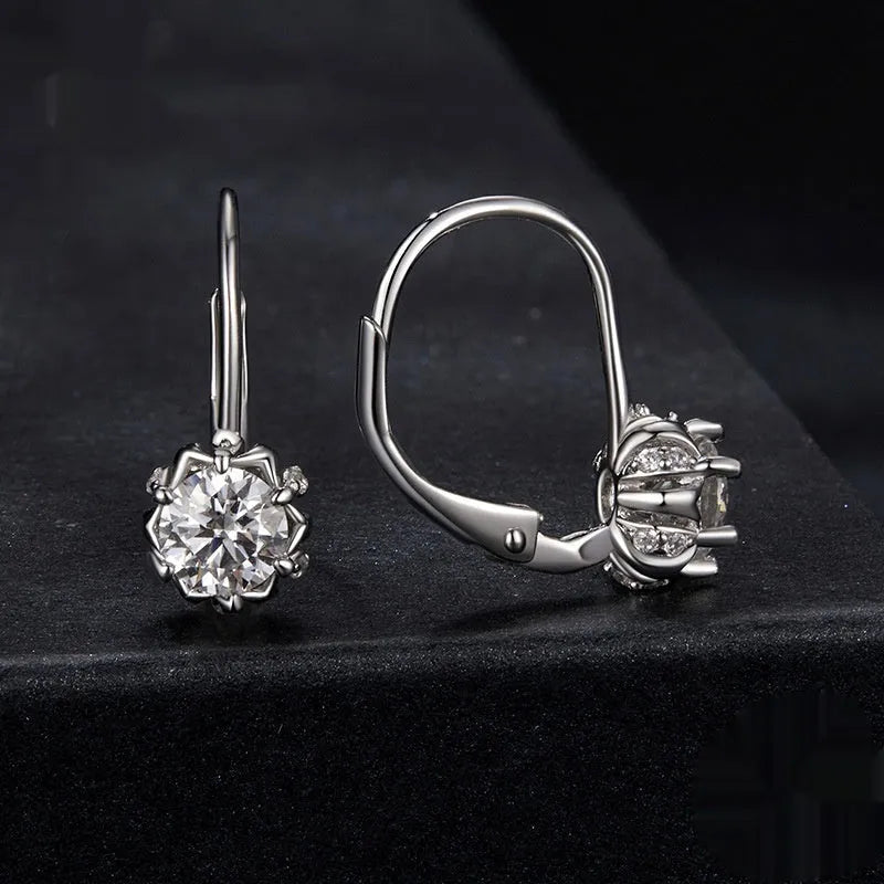 Silver flower bud ear clip earrings with moissanite stone and white gold plating