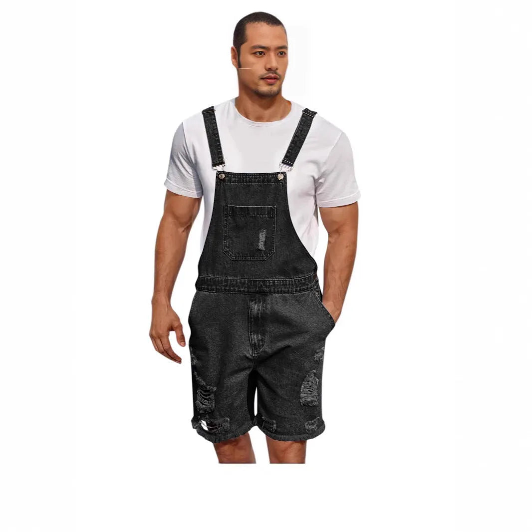 Men's ripped blue denim shorts with attached suspenders on a mid-waist, straight-leg cut.