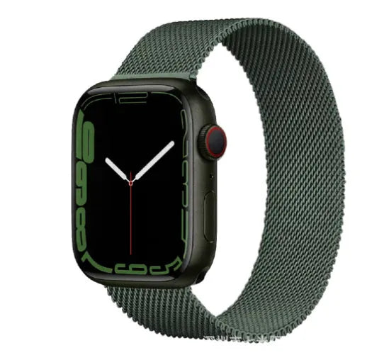 Stainless steel watch replacement strap in silver, shown next to black, gold, and rose gold options.