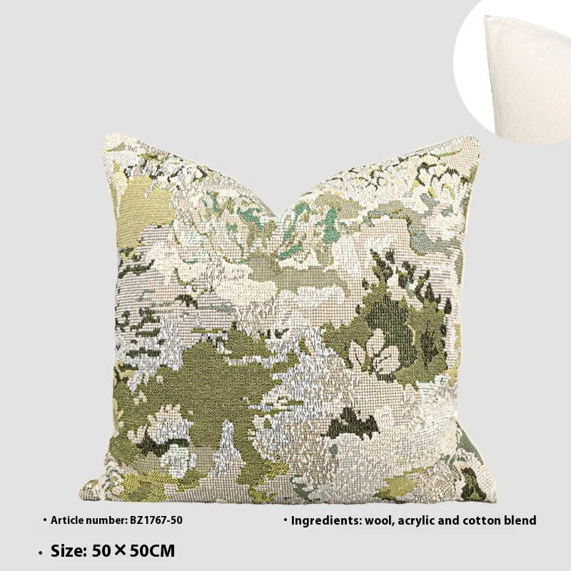 French style abstract pillow with spring flowers pattern in antique green colour