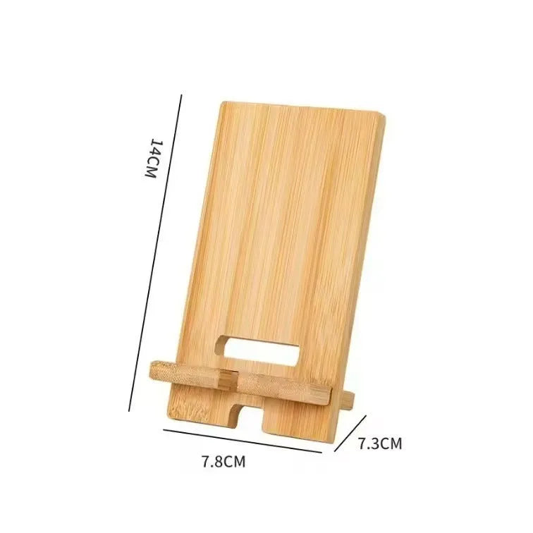 Three-layer solid wood bamboo retro phone holder on desk with mobile phone and small accessories