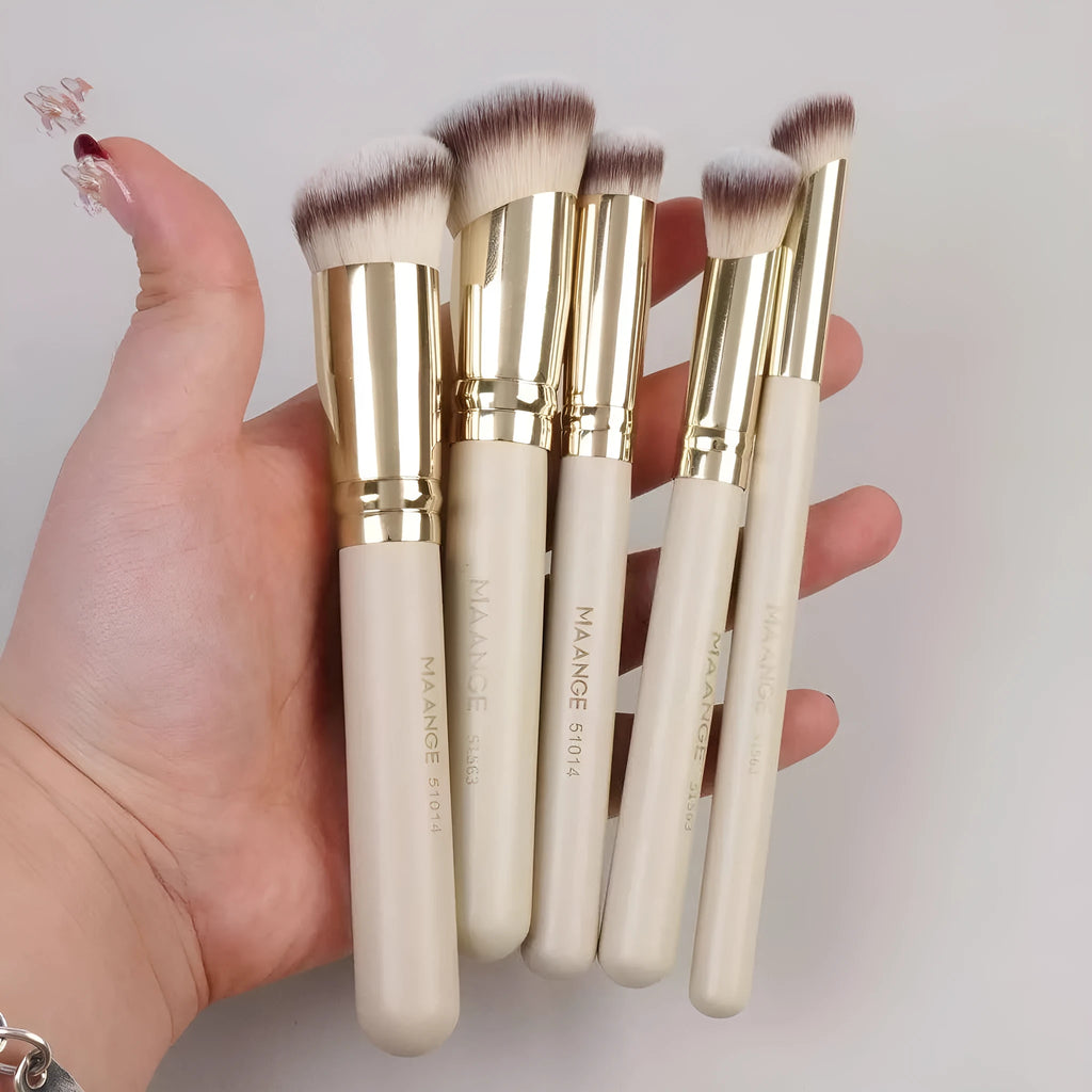 MAANGE set of five angled apricot-coloured makeup brushes with synthetic bristles for blush and contouring.