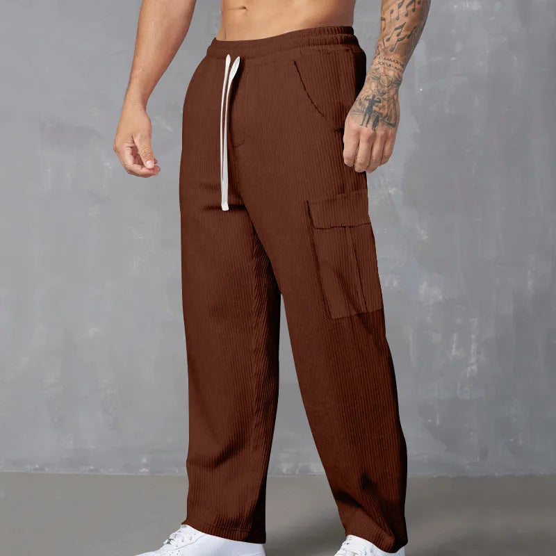 Men's corduroy cargo trousers in straight-leg wide-cut design with drawstring waist closure