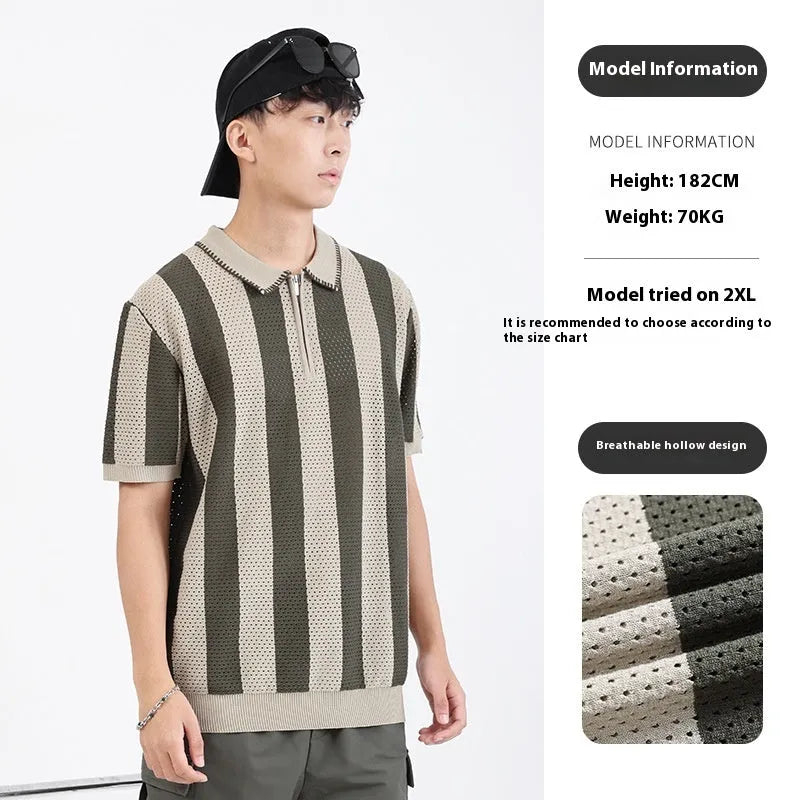 Man wearing a striped short sleeve ice silk sweater with a zipper decoration detail.
