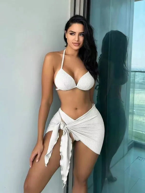 Women's three piece swimsuit set with Russian split design in polyester fabric