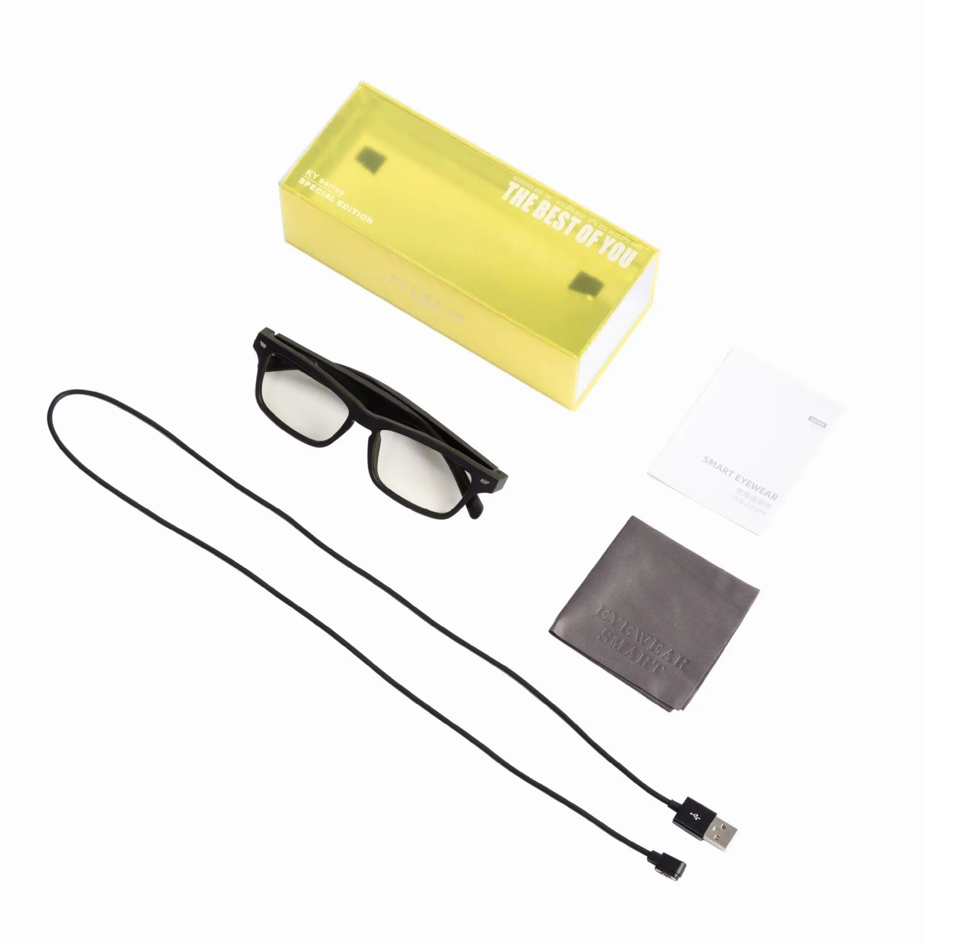 Unisex smart glasses with Bluetooth audio and semi-open ear speakers on a PC+ABS frame.
