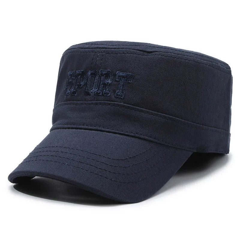 Men's adjustable cotton peaked cap in black, blue, army green, khaki or grey with dome crown and English letters