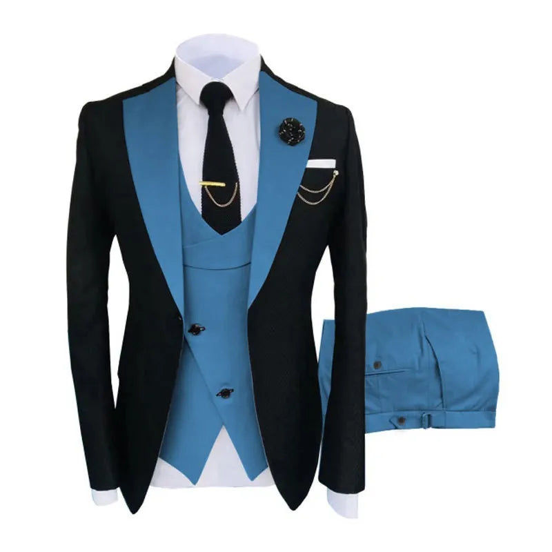 Men's slim fit cotton three-piece business suit in black with vest and trousers