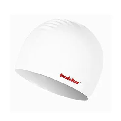 Silicone swimming cap with a graphic letter pattern, shown in one of five colours: black, white, yellow, blue, or grey.