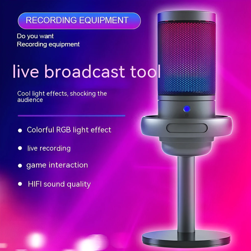 Condenser microphone with RGB lighting in black, white, or pink colours for computer recording and streaming
