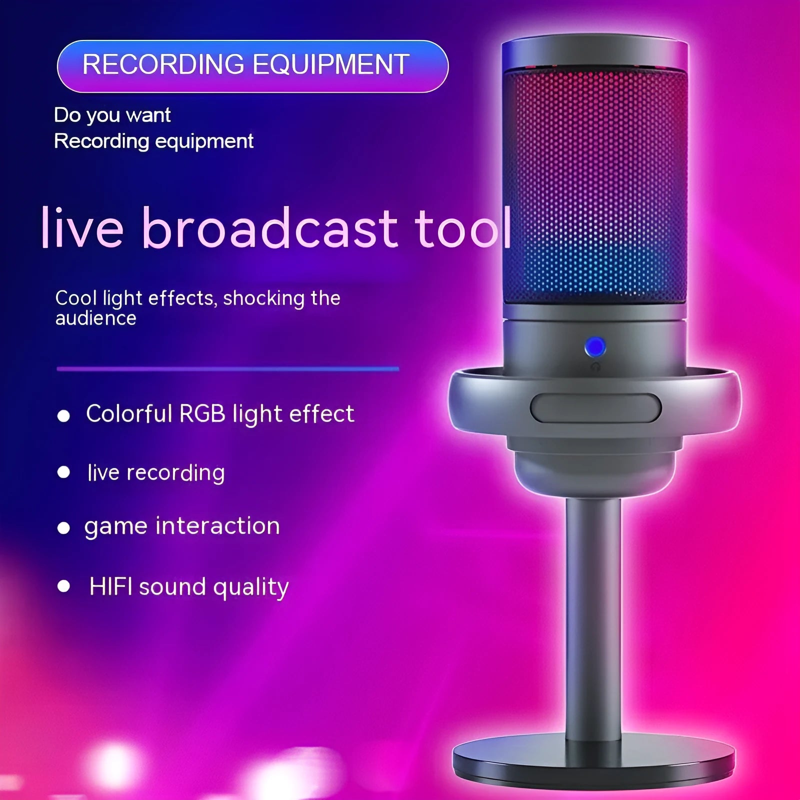 Condenser microphone with RGB lighting in black, white, or pink colours for computer recording and streaming