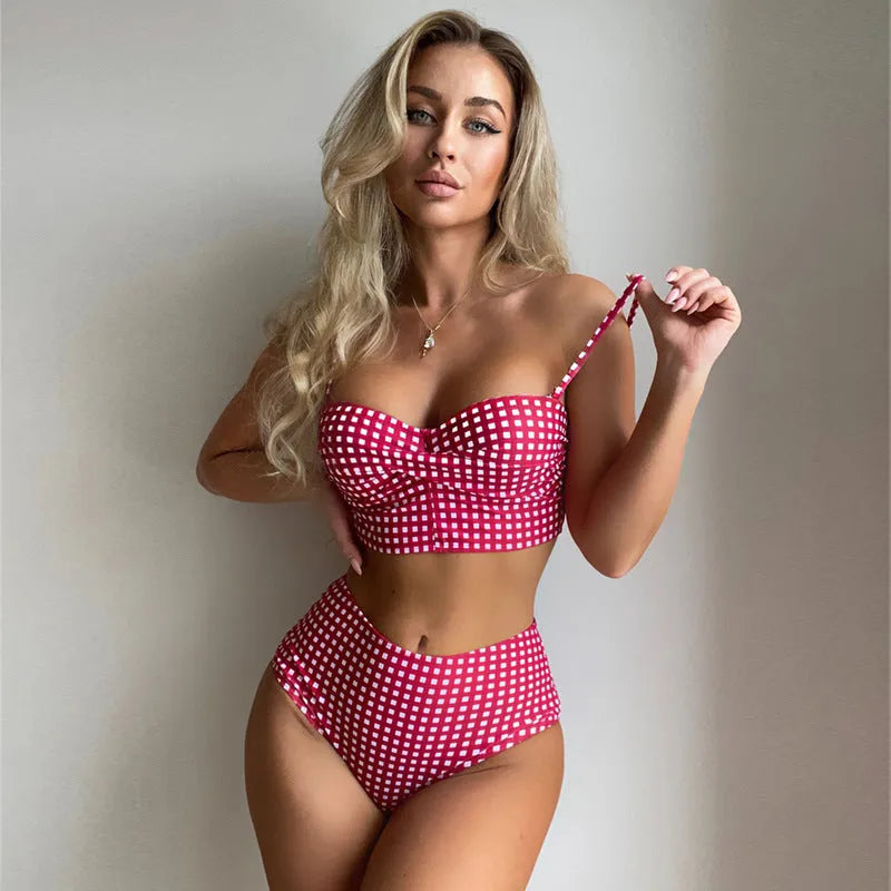 Women's high-waist bikini swimsuit with plaid design in multiple colours