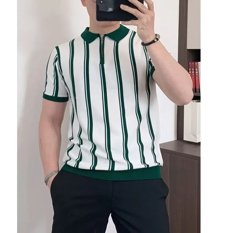 Man wearing a black Korean-style casual T-shirt with vintage stripes, cartoon graphics, and a decorative zipper detail.