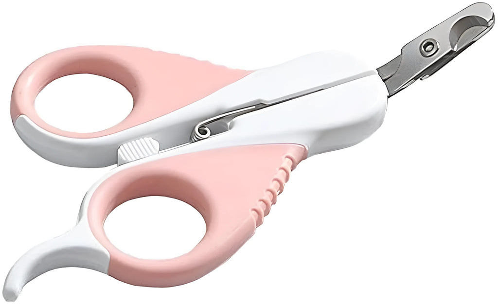 Grey and pink cat nail clippers with angled blade and safety guard for pet grooming