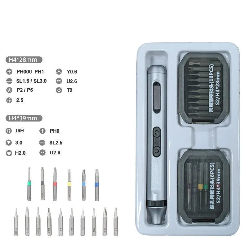 Aluminium alloy precision electric screwdriver showing compact design and charging port.