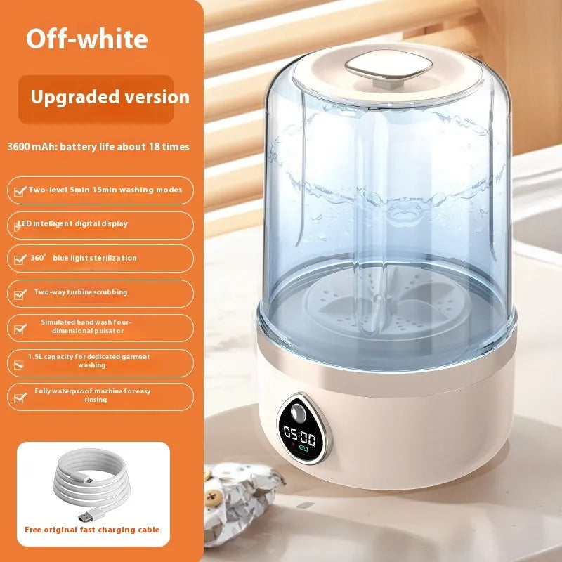 White portable mini washing machine with USB cable on a countertop