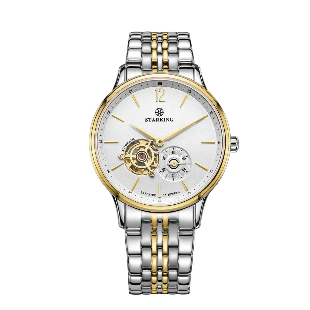 Men's automatic mechanical waterproof business watch with stainless steel case and brown leather strap