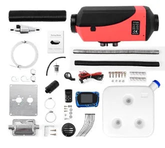 Red and black diesel air heater kit with fuel tank and components for vehicle cabin heating.