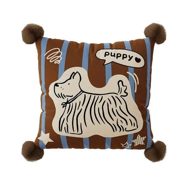 Blue cartoon animal print cushion pillow on a sofa, showing square and rectangular size options.