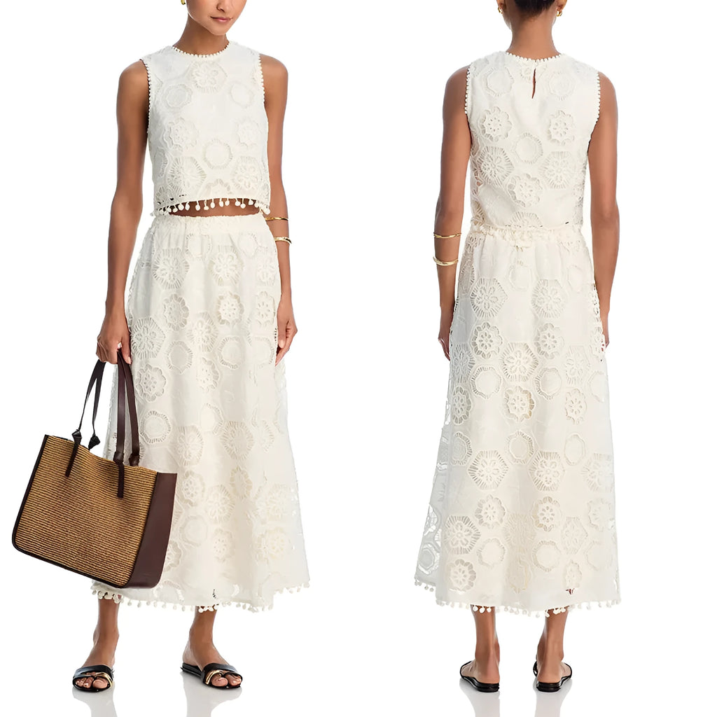 White women's sleeveless suit with embroidered long skirt in retro art style