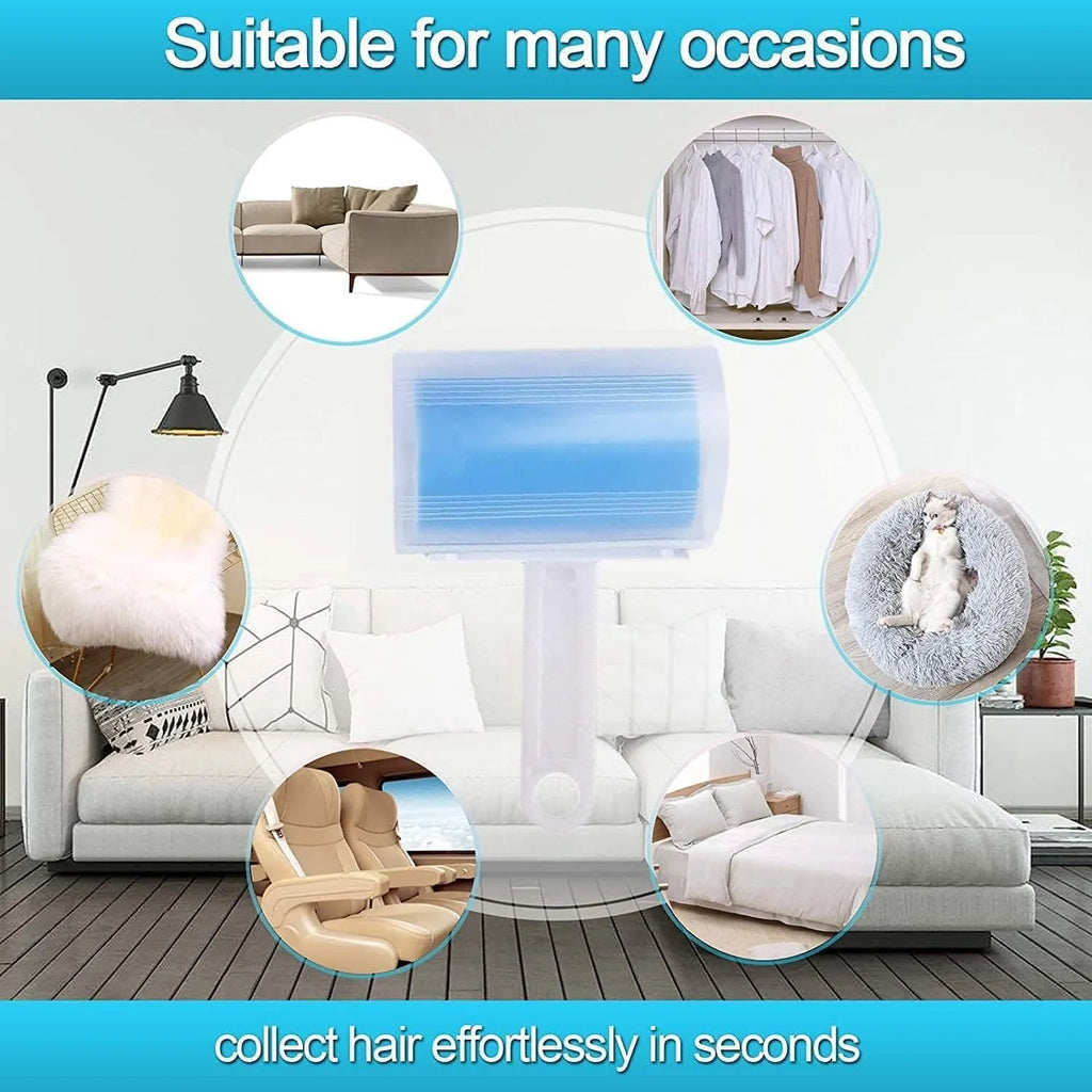Reusable lint roller with cover in blue, green, pink, and yellow colours for removing pet hair from clothes and sofas