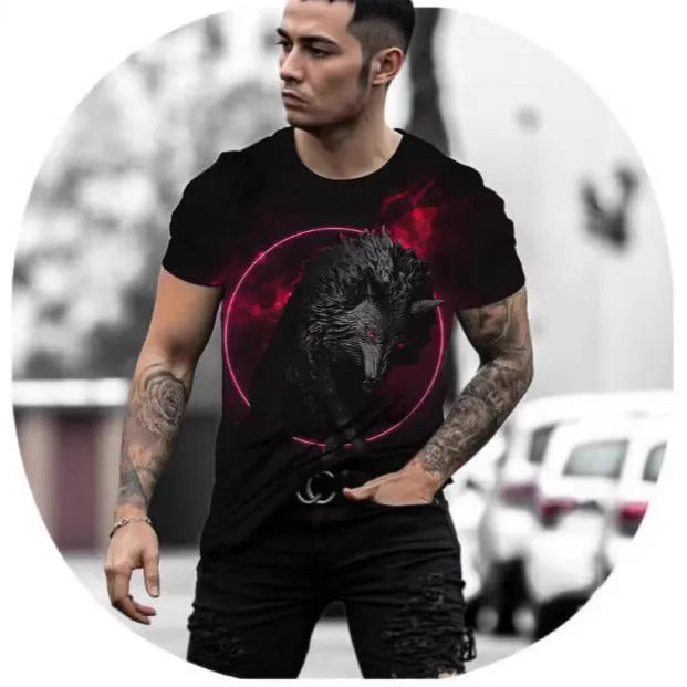 Men's retro 3D animal print short-sleeve t-shirt on a hanger, showing bird eye cloth fabric.