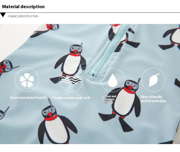Boys' penguin pattern swimsuit set with long sleeves and matching swimming cap