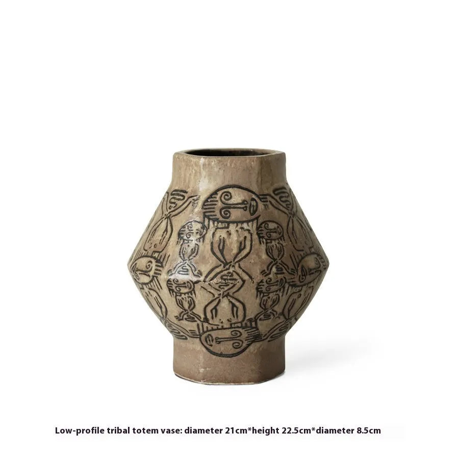 Hand-painted ceramic vase with tribal totem flower designs and vintage carved art patterns