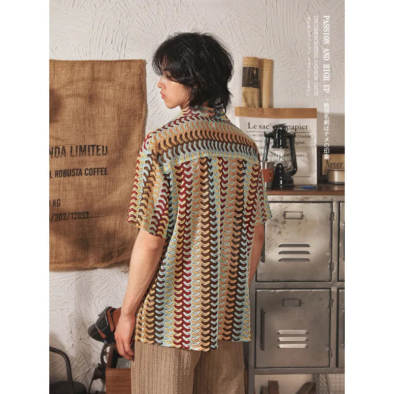Japanese style Cuban collar short sleeve shirt with hollow jacquard pattern in grey colour