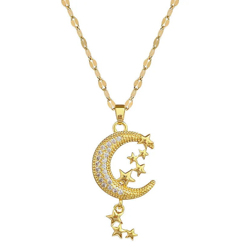 Moon tassel necklace with diamond elements on stainless steel chain and copper pendant