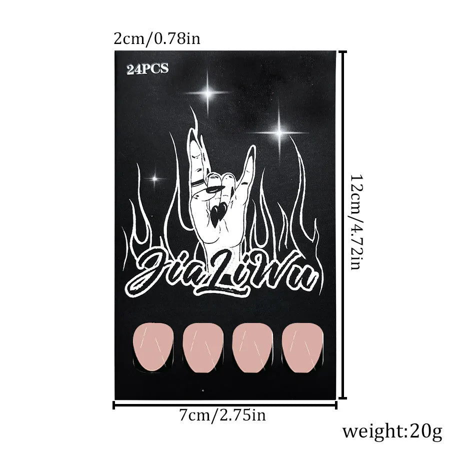 24 black French style nail art pieces with short Almond shape on white background
