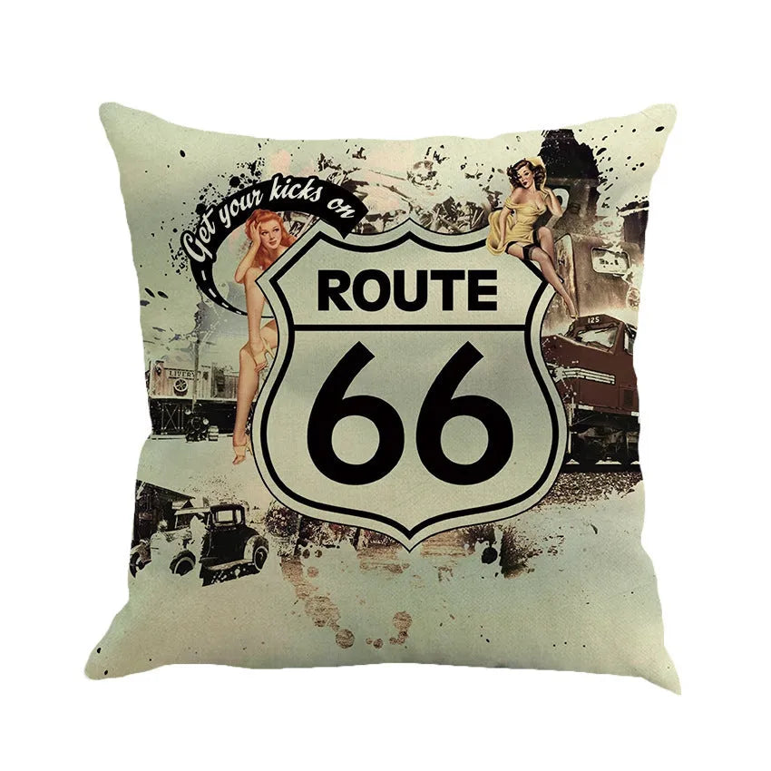 Linen cushion cover with US Route 66 landscape pattern measuring 45x45cm for car and sofa back pillows