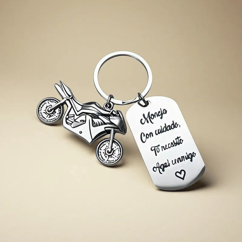 Stainless steel motorcycle keychain with metal construction and flannel storage bag